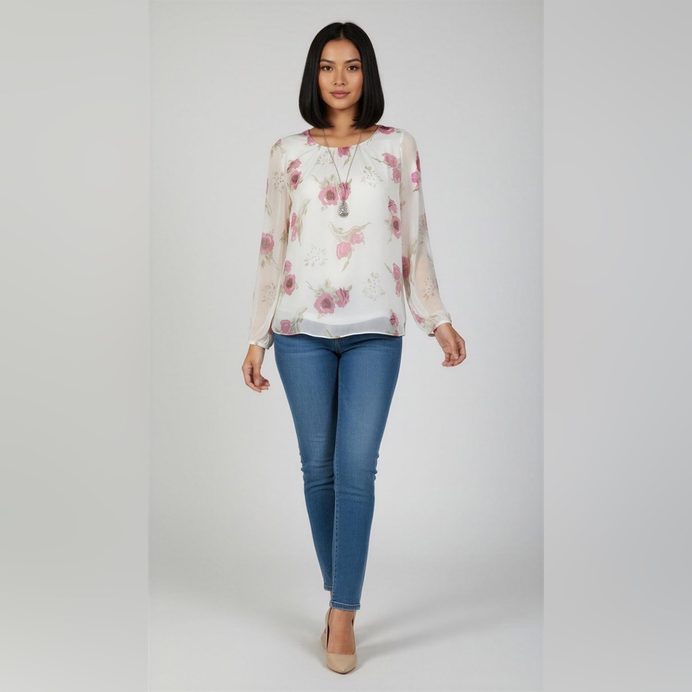 NWT - Flowy 100% Silk Floral Print Blouse by COSMO - Size S